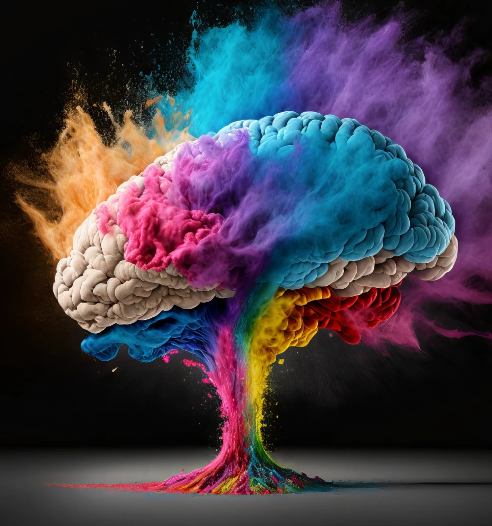 A vibrant, multi-colored brain made of smoke or dust, with colors flowing downward like a tree trunk.